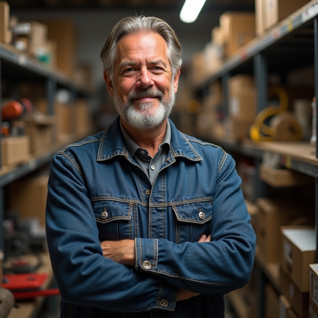 Handyman business owner standing in a small workshop surrounded by tools and shelving